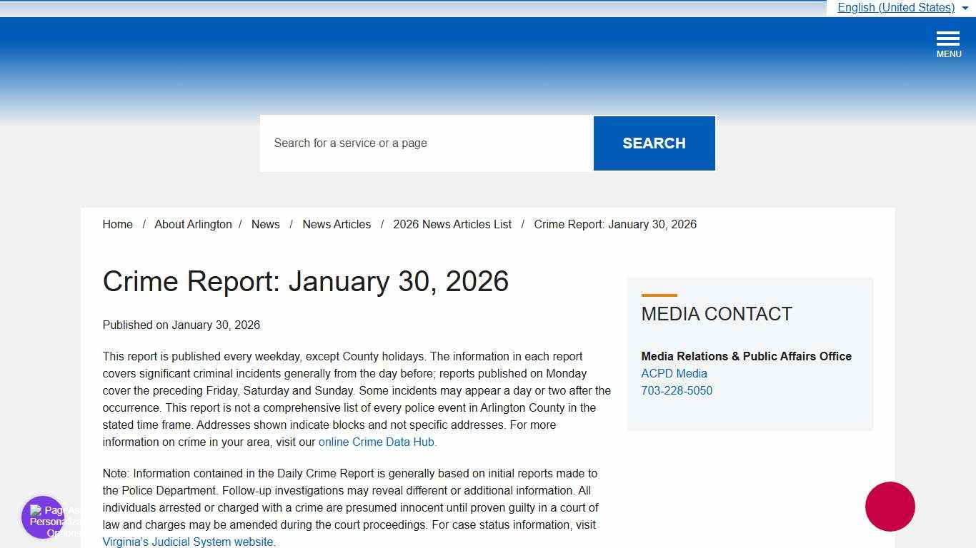 Crime Report: January 30, 2026 – Official Website of Arlington County Virginia Government